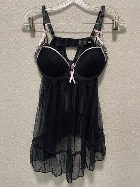 Black & Pink Lace-Trim Babydoll Chemise with Underwire Support